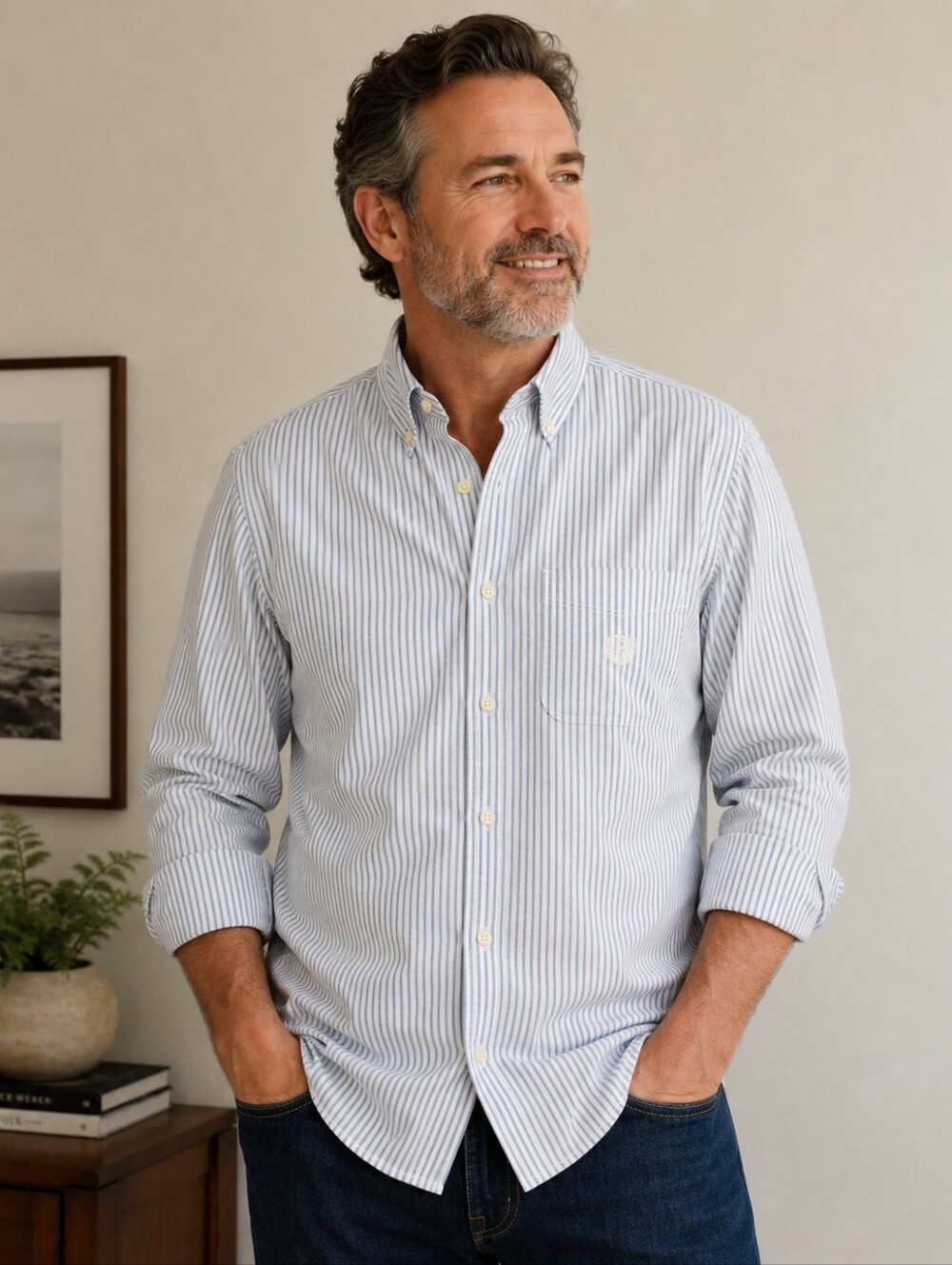 Chaps Light Blue and White Striped Button-Down Shirt
